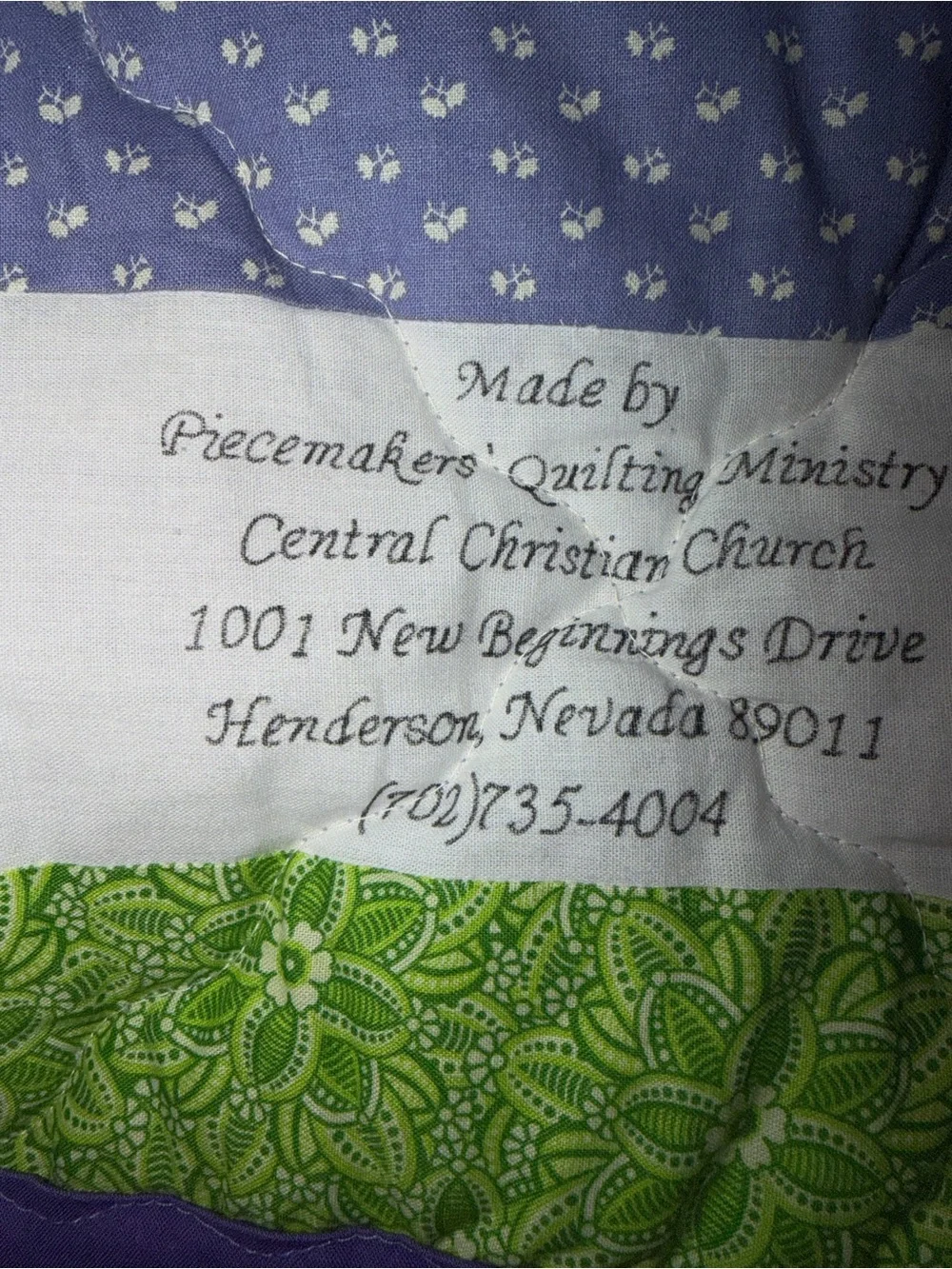 New Handmade Lavender and Green Patchwork Quilt with Scripture Embroidery